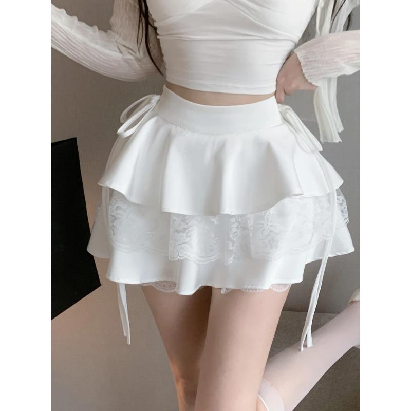 Pink Vintage Sweet Mini Skirt Women Lace-up Japanese Lolita Kawaii Cake Skirt Female Lace Korean Cute Fairy Skirts Autumn 2024