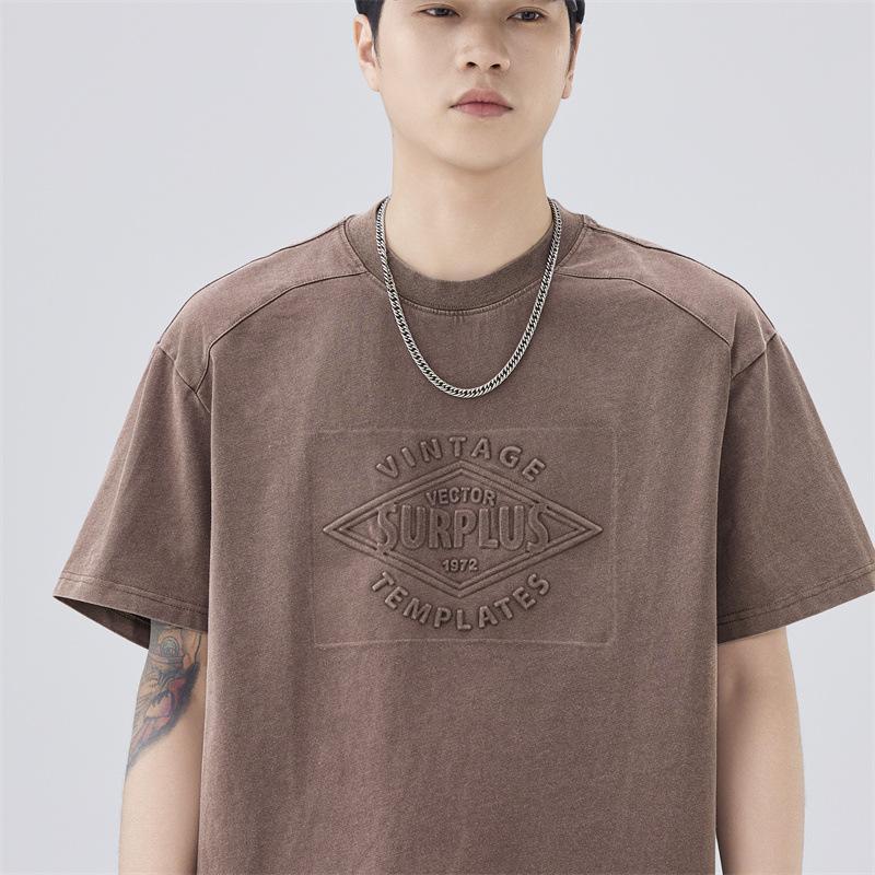 New Summer Men's Short-sleeved T-shirt Heavy Wash Water Concave and Embossed Print English Falling Shoulder T-shirt Short-sleeved