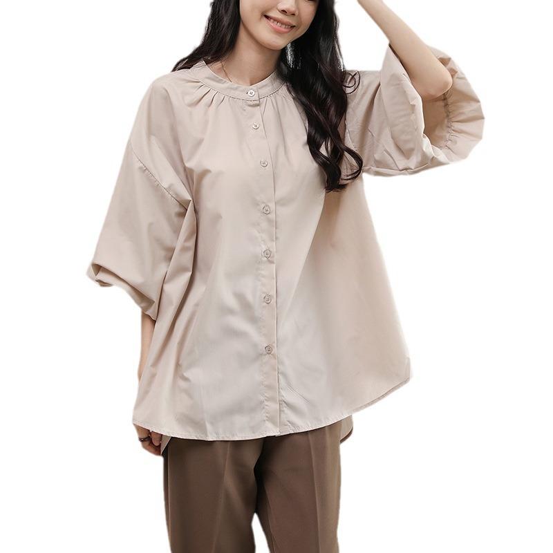 Japanese Short-sleeved Shirt for Women In Summer New Versatile Lazy Loose Puff Sleeve Solid Color Shirt