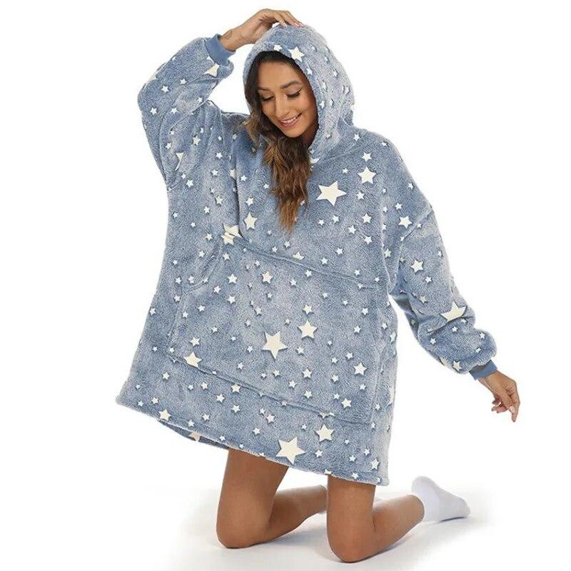 Wearable Blanket Hoodie Long Sleeve Oversized with Pocket Grey Five-pointed Star Luminous Lazy Blanket Sherpa Cashmere Blanket Leisure Hooded Sweater