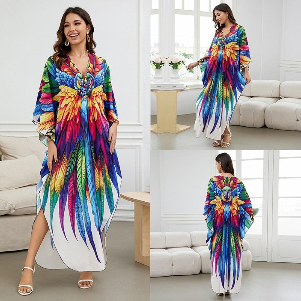 Women's Boho Cover Up, Plus Size Contrast Loose Fit Vacay Beach Kaftan Dress