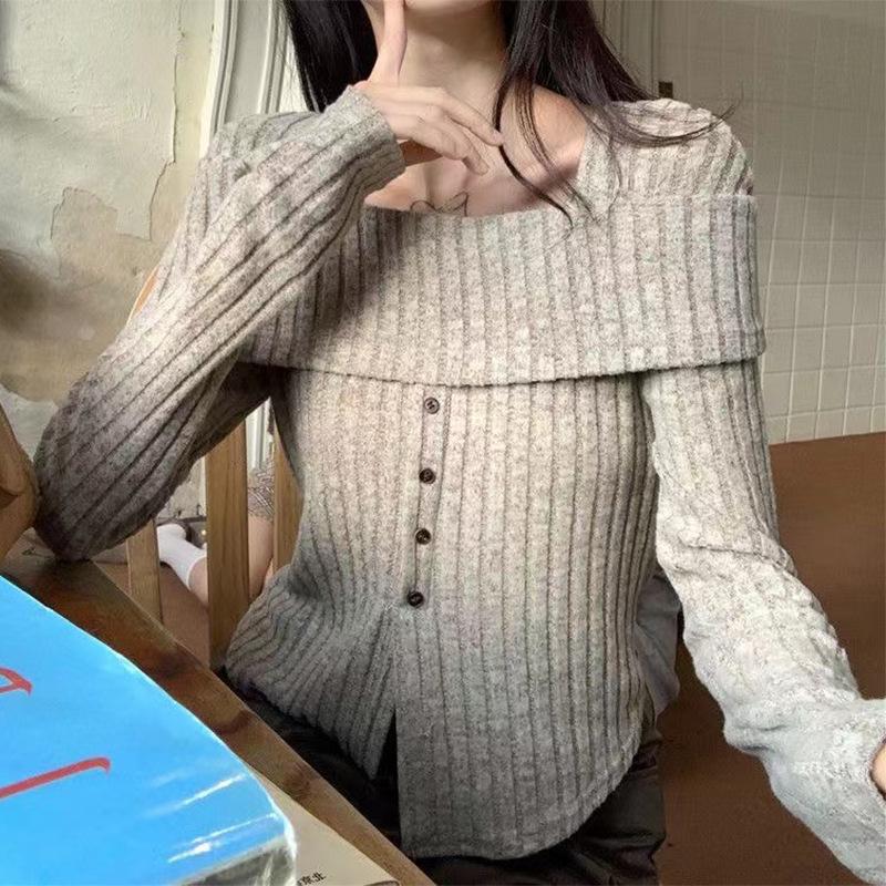 Весенняя женская однобортная блузка с квадратным вырезом и длинным рукавом