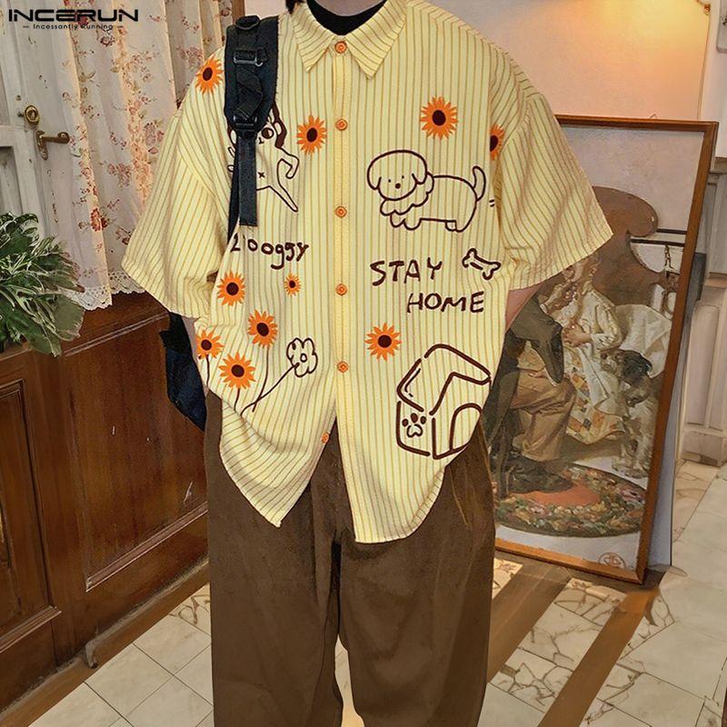 INCERUN Мужские свободные рубашки оверсайз с отложным воротником, коротким рукавом и мультяшным принтом, повседневные.