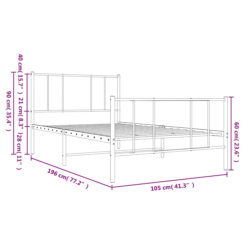 Metal Bed Frame with Headboard and Footboard White 100x190 cm