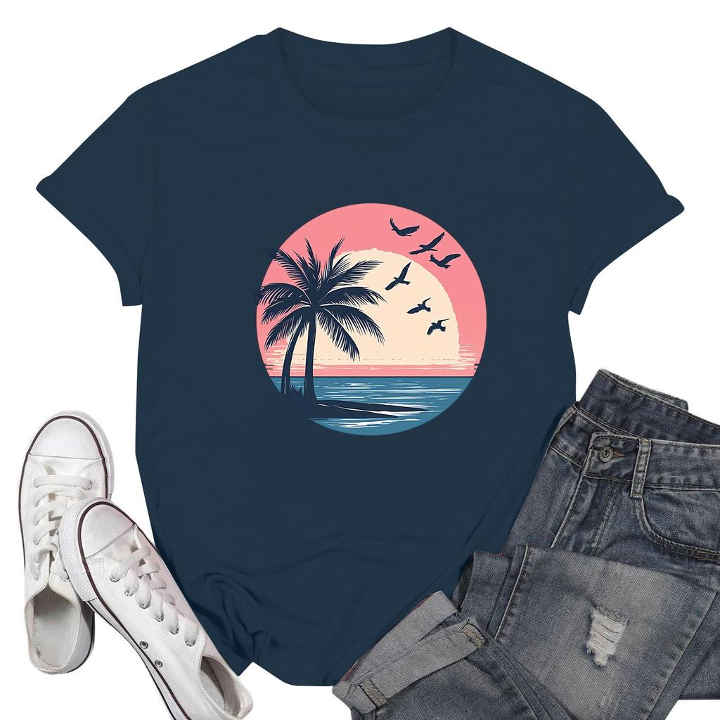 Women's Fashion Casual Printed Short Sleeve Round Neck Pullover Tops