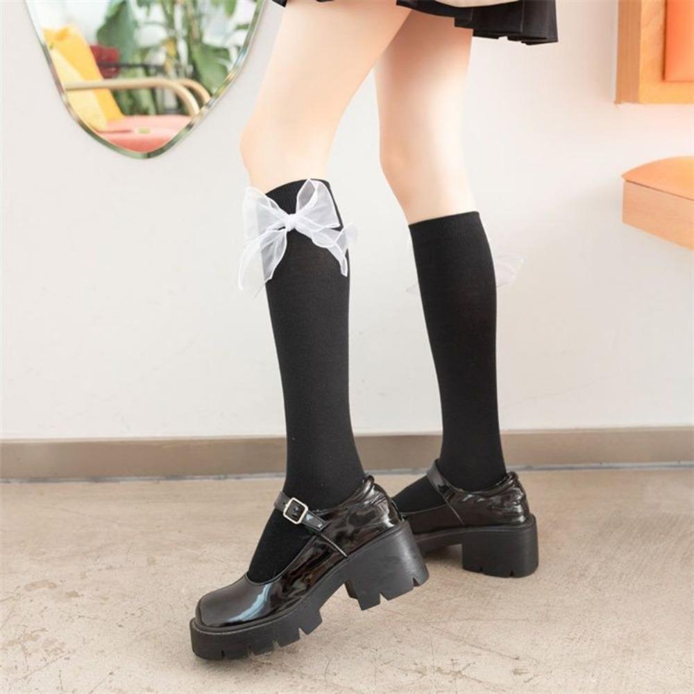 Bow Tube Socks Women's Spring and Autumn Black and White JK Lolita Calf Socks Japanese Girls College Style Knee Socks