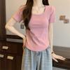 Women's Designer Square Neck Fishbone T-Shirt - Short-Sleeved, Collarbone-Revealing Base Layer for Summer 