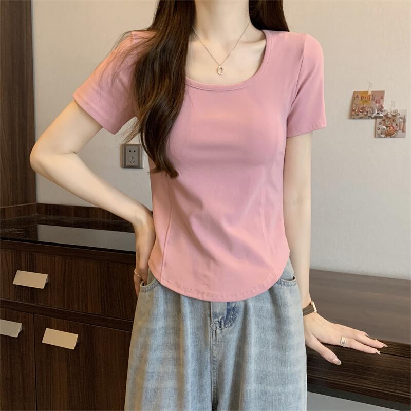Women's Designer Square Neck Fishbone T-Shirt - Short-Sleeved, Collarbone-Revealing Base Layer for Summer