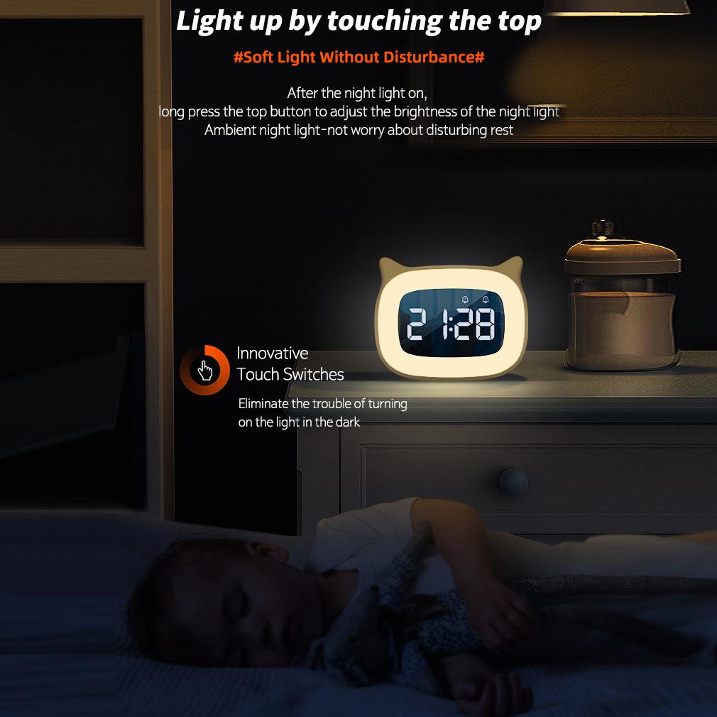 Kids LED Alarm Clock Night Light Stepless Dimming Cute Cat Ear Digital Clock Bedroom Bedside Electronic Desktop Clock Music Wake Up Children