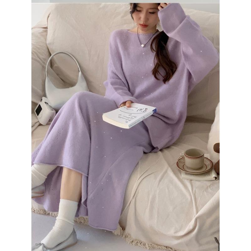 Женский комплект свободного покроя с круглым вырезом и юбкой-рыбьим хвостом в осенне-зимнем стиле