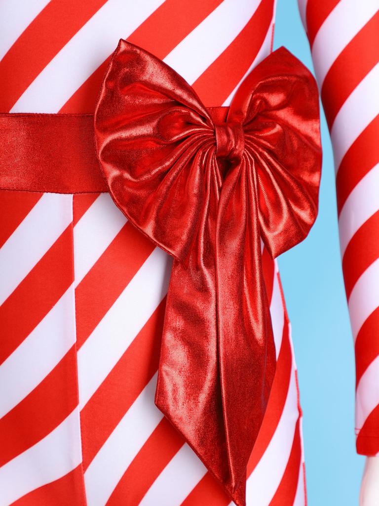 Kids Girls Candy Cane Striped Christmas Costume Long Sleeve Bow-knot Long Bodysuit Dance Jumpsuit Costume Dancewear