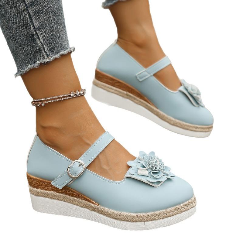 Модные повседневные туфли на толстой подошве, женские туфли с цветочной сумкой на носке, ремешком с пряжкой, полые, на танкетке, большого размера