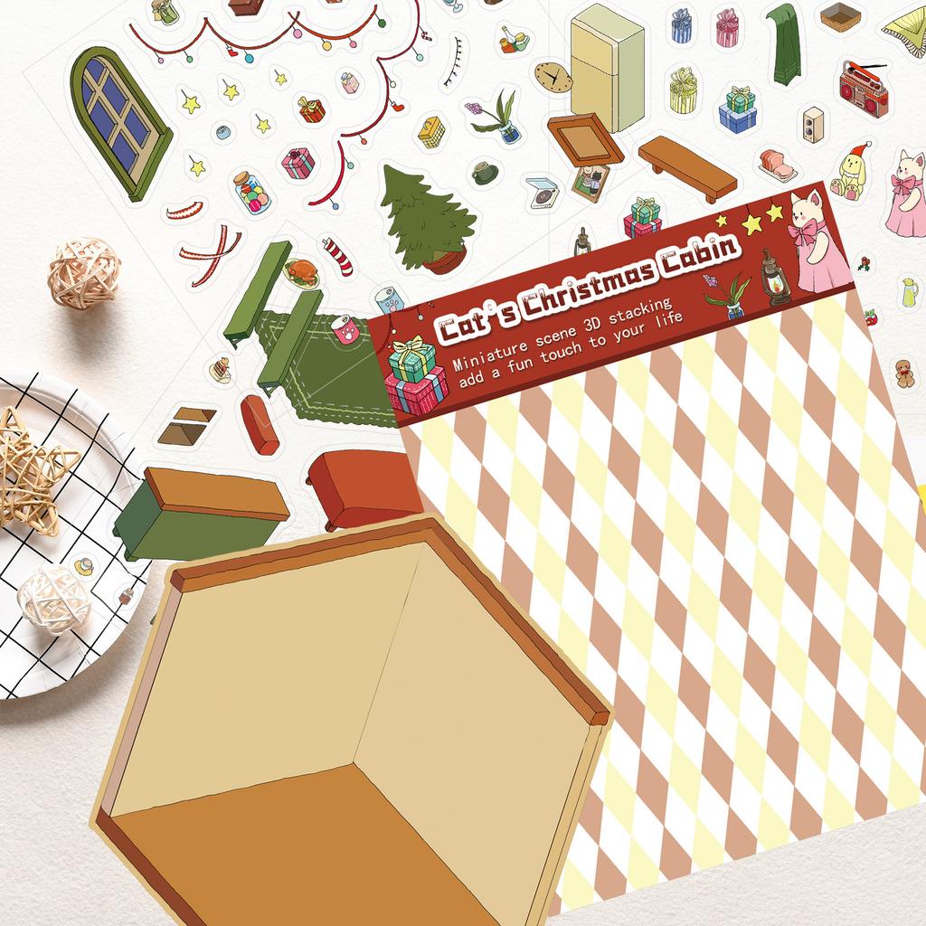 Кошачий Рождественский Дом Пейзажные Наклейки, Веселые и Снимающие Стресс Коллажные Миниатюрные Наклейки со Сценами Мира