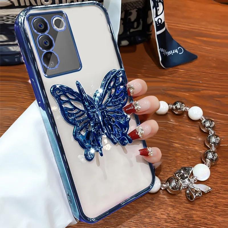 3D Butterfly Phone Holder Bead Bracelet Glitter Plating Case for Samsung Galaxy A14 A24 A34 A54 A15 A25 A35 A55 4G 5G Cover