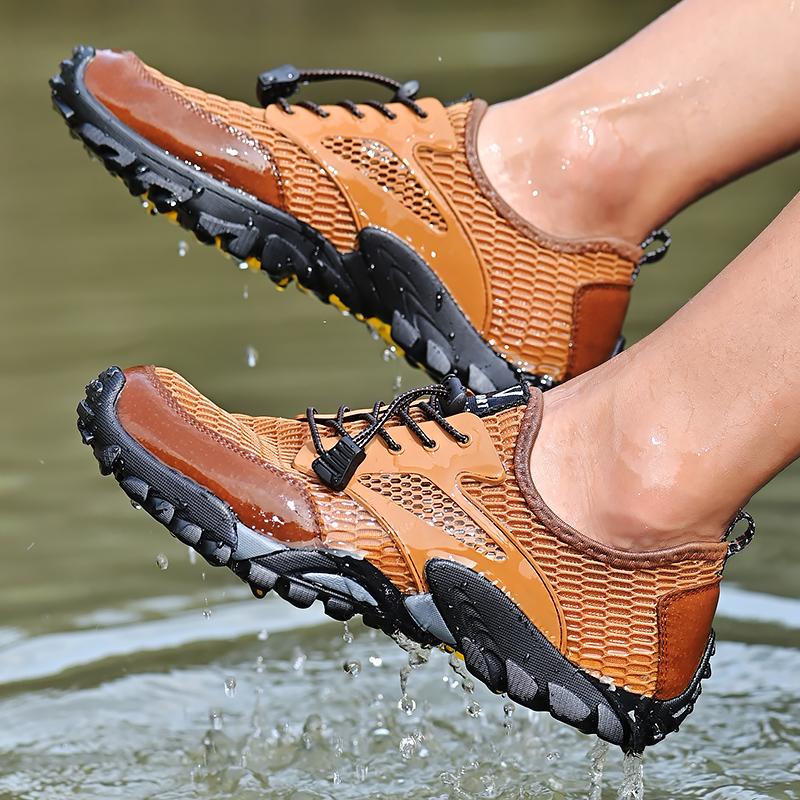 Мужские модные летние повседневные походные туфли из сетчатого материала с мягкой подошвой для прогулок по реке, водных видов спорта, дышащие, нескользящие, с плоской подошвой, для пляжа и ходьбы.