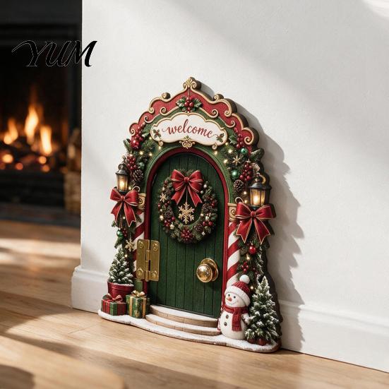 Eco Friendly Wooden Christmas Decor Elf Door Decoration, Miniature Fairy with Cute Mouse Interactive Holiday Wall & Openable Door, Corner for