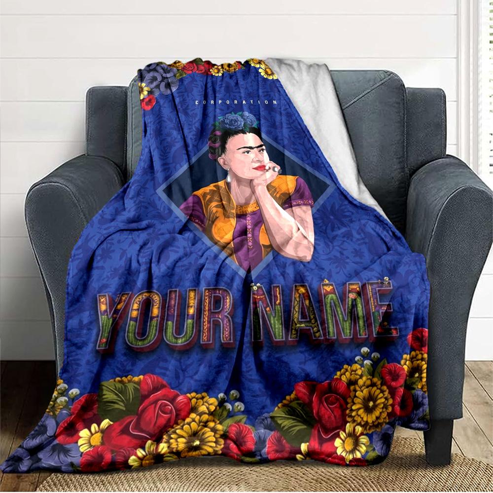 Name Custom Frida Kahlo Print Flannel Blanket High Quality Warm Comfortable Cover for All Seasons Perfect for Gifts Home Decor