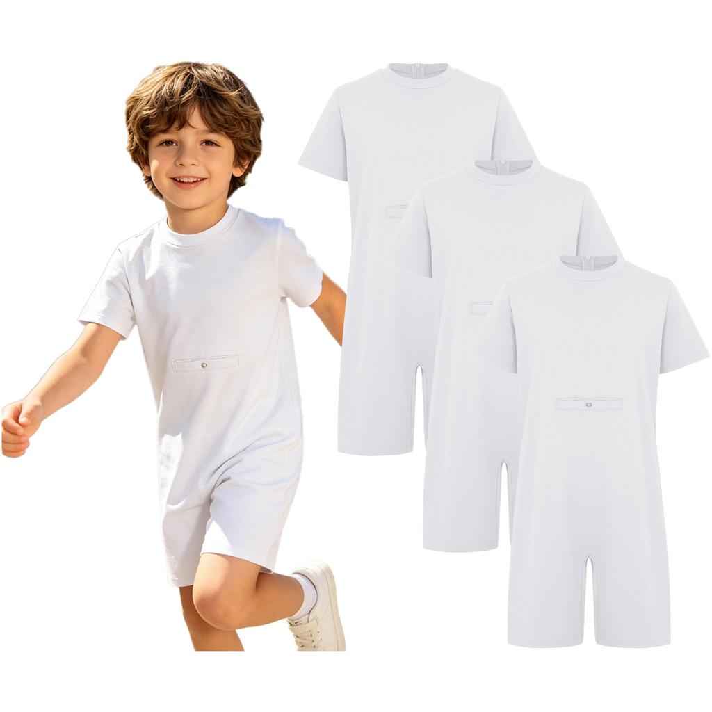 3-Piece Kids Adaptive Romper Solid Color Round Neck Short Sleeve Back Hidden Zipper Jumpsuit with Press Button Opening for Special Needs Care