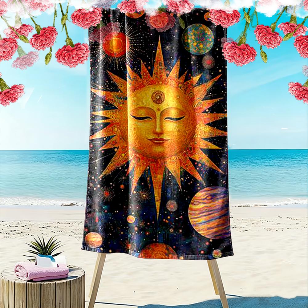 Solar System Art Sun Face Design Beach towel quick-drying for travel outdoor sports jogging beach and swimming