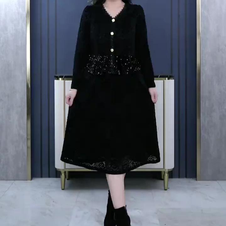 Spring Luxury Sequin Lace Velvet Embroidered Casual Dress for Plus-Size Women