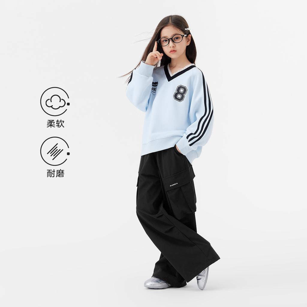 Left West Girls' Hoodie V-neck Lace Splicing Ribbon Children's Sports Style Hoodie Coat