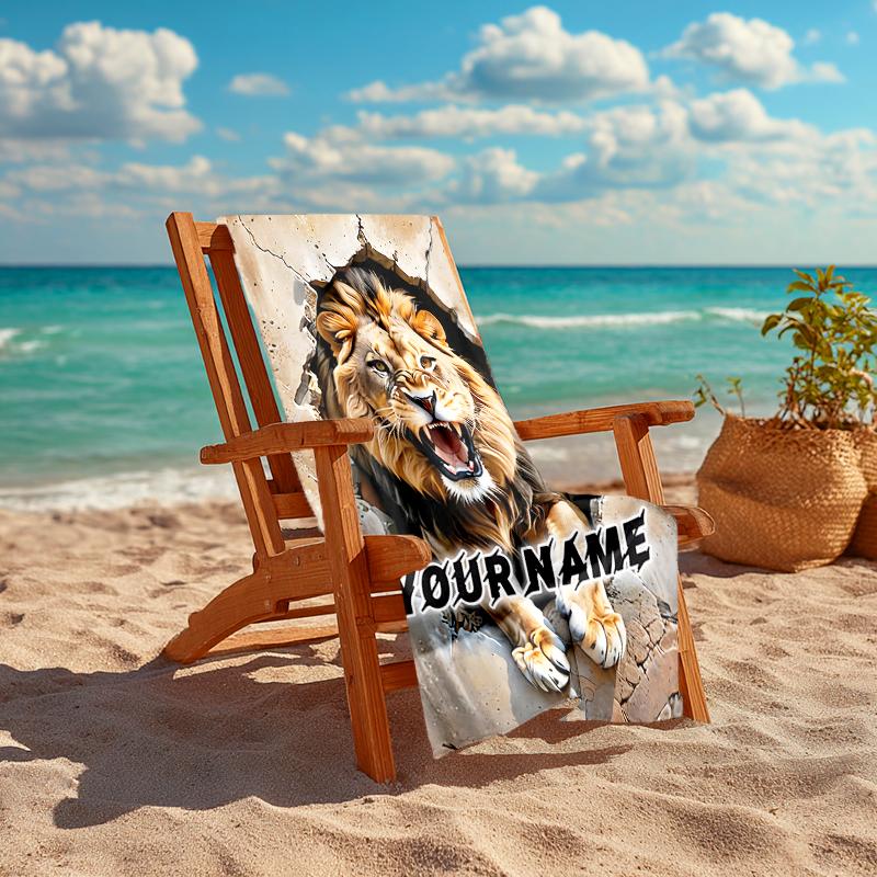 1PC Custom Name Lion Roar Through Wall Beach Towel Highly Absorbent And Sand-Resistant Towel for Swimming, Pool, Yoga, And Travel Lightweight