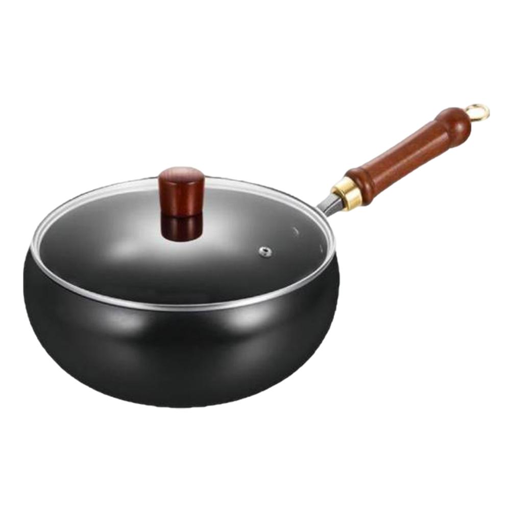 24CM Nonstick Wok Wooden Handle Non-Stick Pan with Lid Iron Wok for Home Camping Restaurant Hotel Kitchen