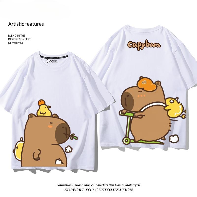 Capibala Capybara Junri MOE Cartoon Short Sleeve T-shirt Male and Female Couples 100% Cotton Loose Clothes Children's Summer