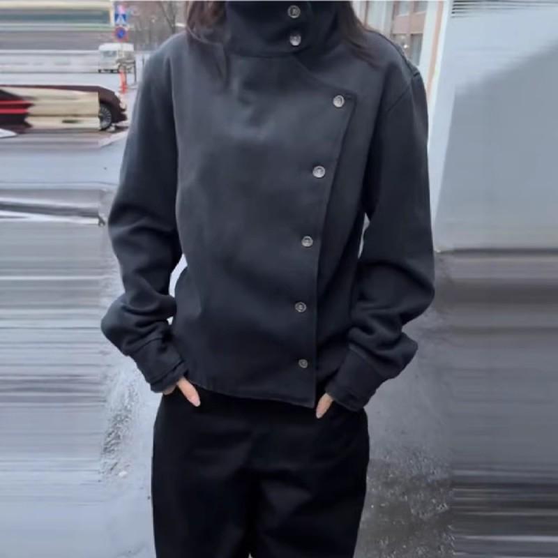 Womens Stand Collar Fencing Jacket Fall Winter Fashion Streetwear Single-Breasted Denim Blazer