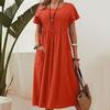 Summer Women's Dress Plus Size Long Solid Colour Round Neck Pocket Pleated Short Sleeve Dresses