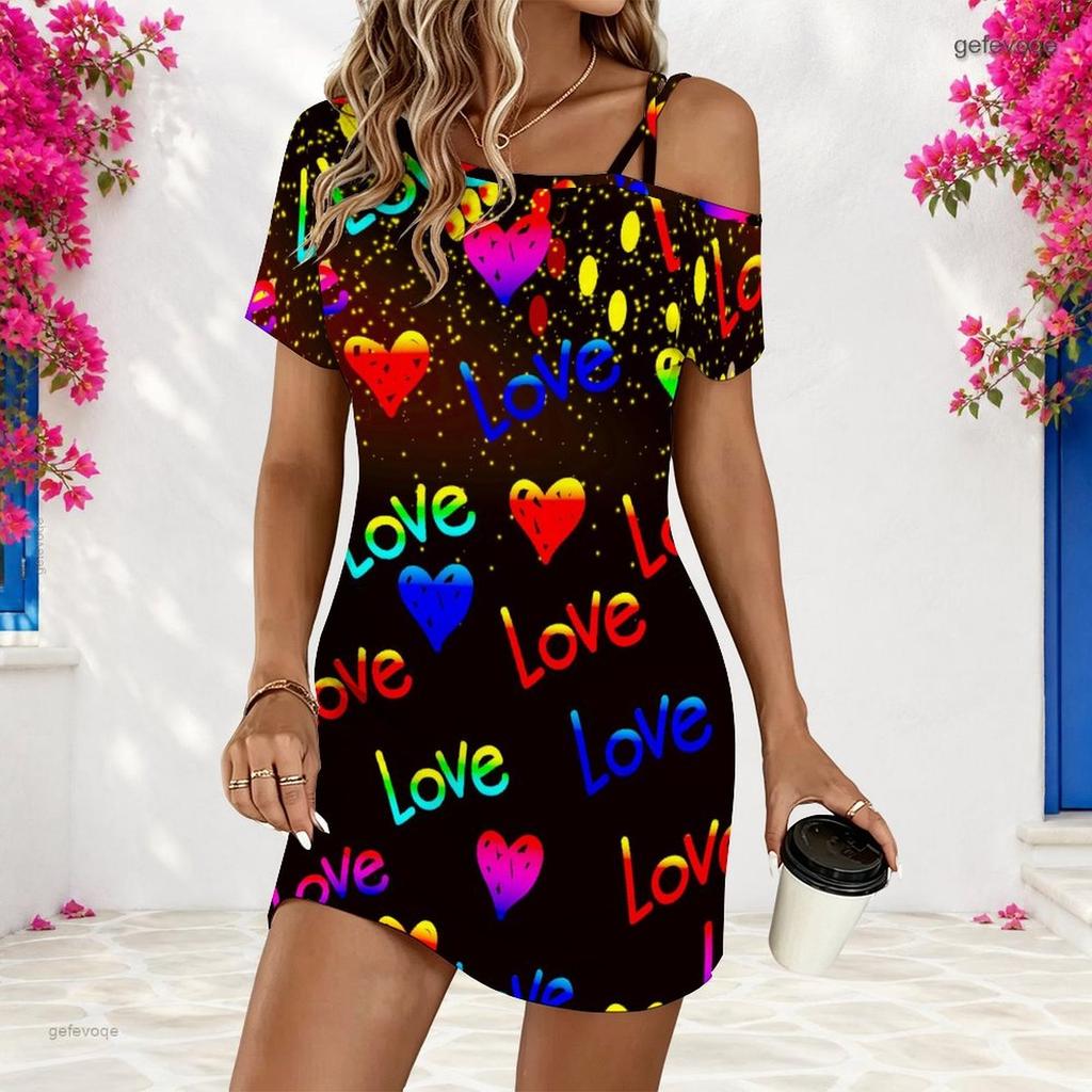 Women Plus Size One Shoulder Strappy Short Sleeve Blue Camouflage Printed Loose Dress