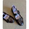 Retro Metal One-word Buckle Shallow Mouth Mary Jane Women's Shoes New with Skirt Flat-soled Small Leather Shoes