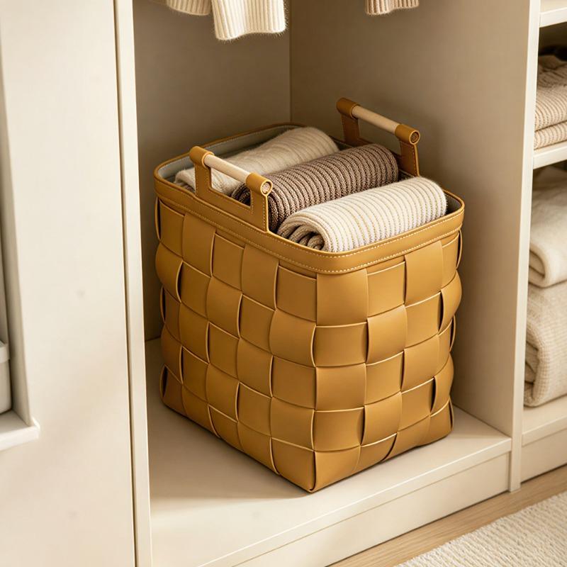 Saddle Leather Woven Storage Basket, Vintage Rattan Tote Basket, Large Capacity Home Organizer for Clutter, Eco-Friendly