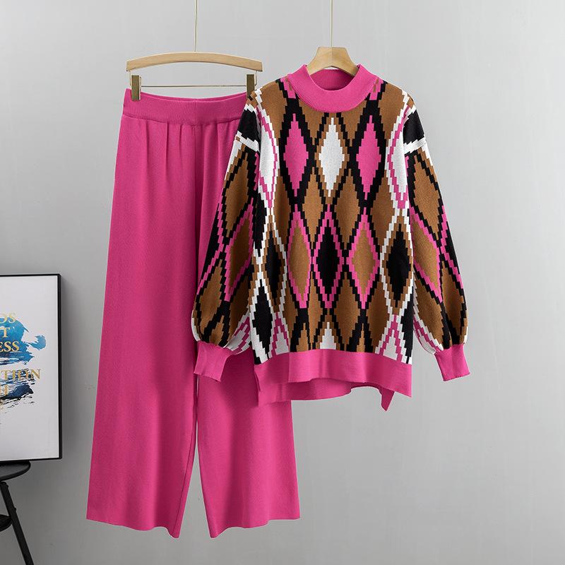 Autumn and Winter Women's Sweater Suit Sports and Leisure Fashion Loose Big Size Sweater Top Wide Leg Pants Two-piece Set