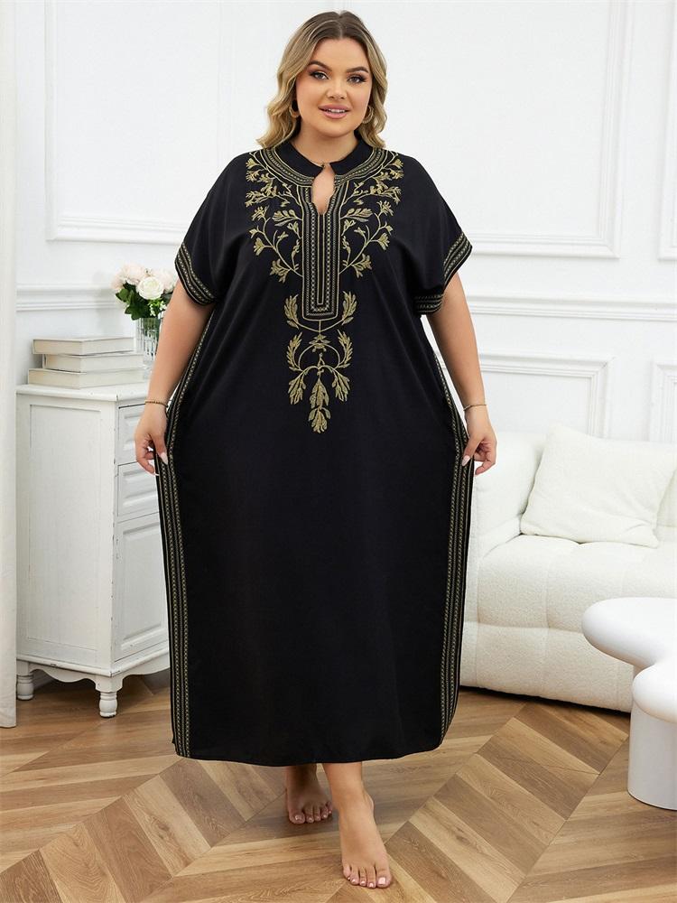 EDOLYNSA Embroidered Red Kaftan Women's Fashionable Robe Boho V-neck Batwing Sleeve Beach Maxi Dress Holiday Cozy House Robe