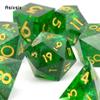 7 шт. зеленый золотой номер с острыми краями, смоляные кубики, многогранные кубики, подходящие для ролевых ролевых игр, настольная игра
