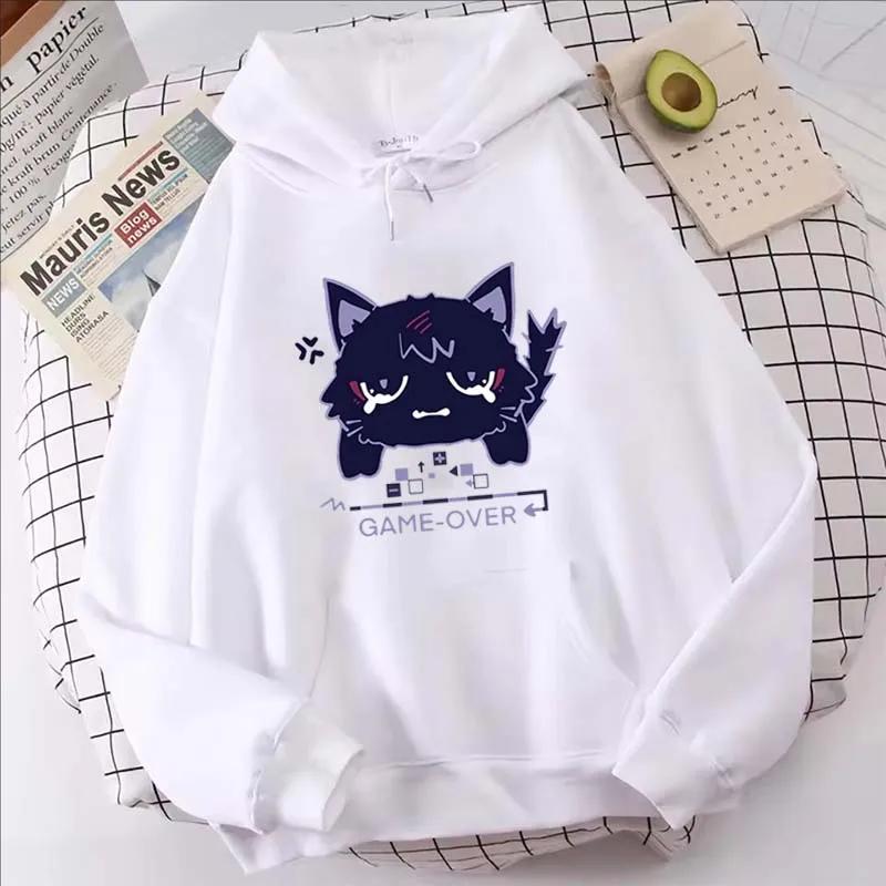 Худи с принтом мультяшного кота Genshin Impact, женские повседневные осенне-зимние каваий харадзюку флисовые толстовки с длинным рукавом