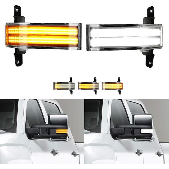ROCCS LED Sequential Amber Side Mirror Marker Turn Signals White Parking Cargo Lights Switchback Tow Mirror Light For 2014- Chevy Silverado GMC