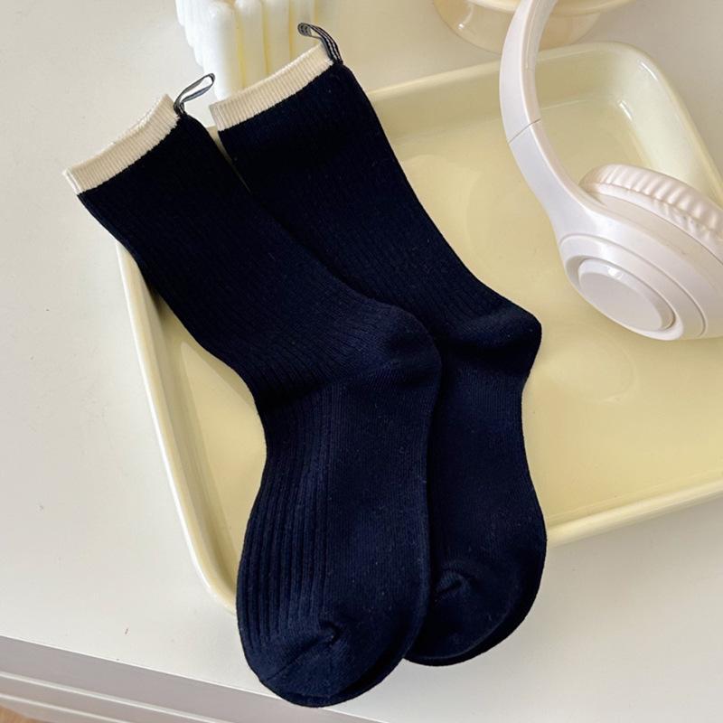Women's Color-blocking Striped Autumn and Winter Sweat-absorbing Heel Fabric Label Mid-calf Socks Simple Pure Cotton Pile Socks