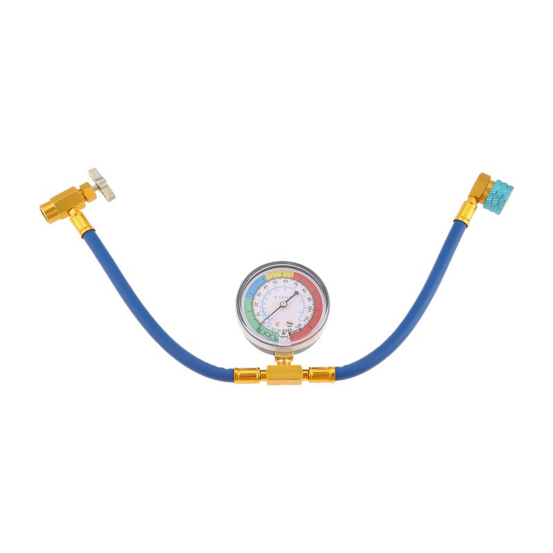R1234yf Refrigerant AC Recharge Hose with Gauge, 1/2” LH R1234YF Self-sealing Can Tap Valve & Low Side Quick Coupler 14mm 250PSI