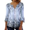Women Spring Autumn V-neck Buttons Half Placket Blouse 3/4 Sleeves Loose Hem 3D Flower Print Pullover T-Shirt Top Streetwear