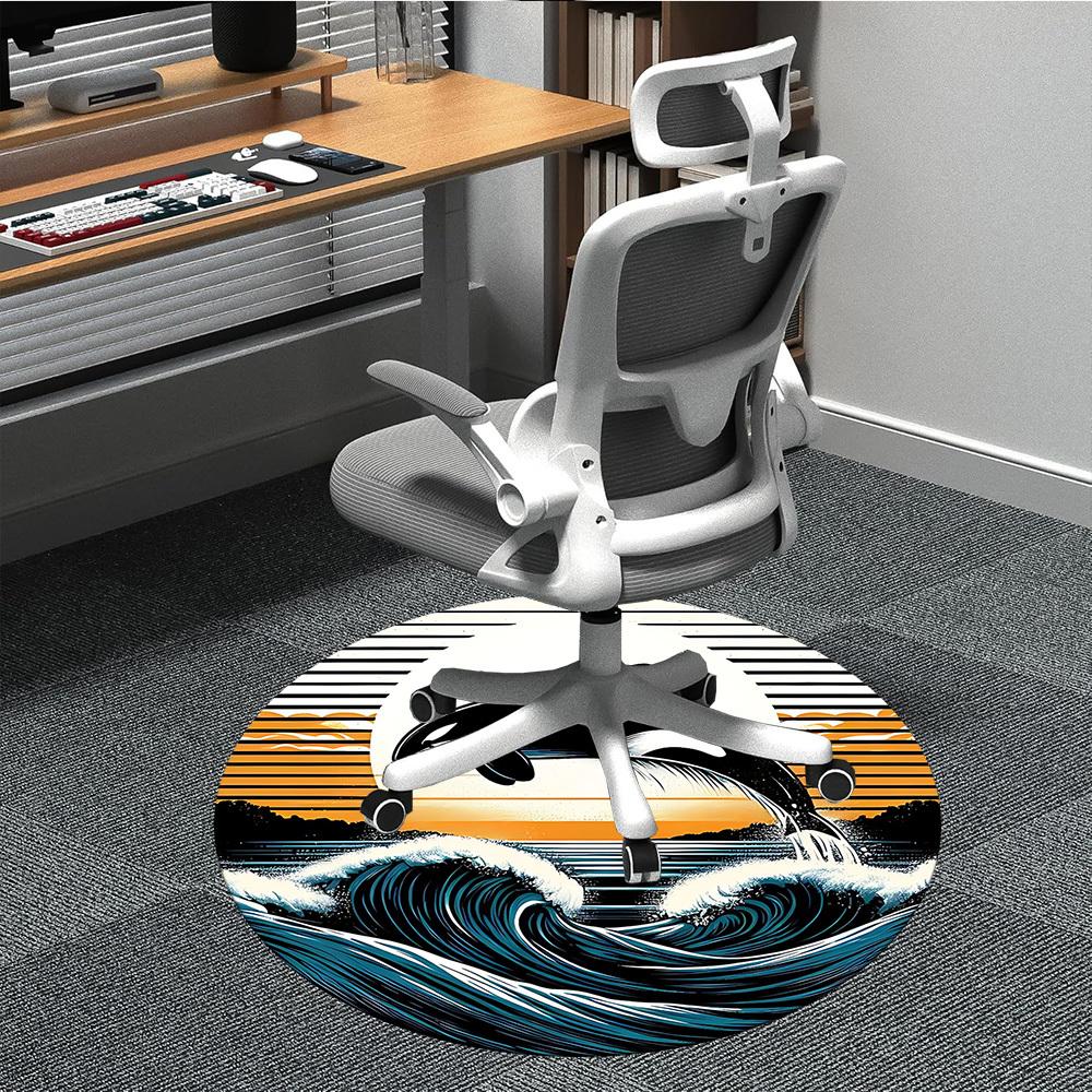 1pc Whale Waves Office Round Area Rug, Indoor Mat Suitable For Office, Under Office Chairs Bedroom Living Room Home Decor, Room Deco