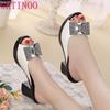 Fashion 2025 New Women Sandals Women Slippers Genuine Leather Rhinestone Thick High-heeled Color Block Decoration Open Toe Women Sandals