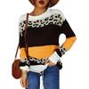 Winter Fall Women Fashion Leopard Print Patchwork Sweater Loose Knitted Top