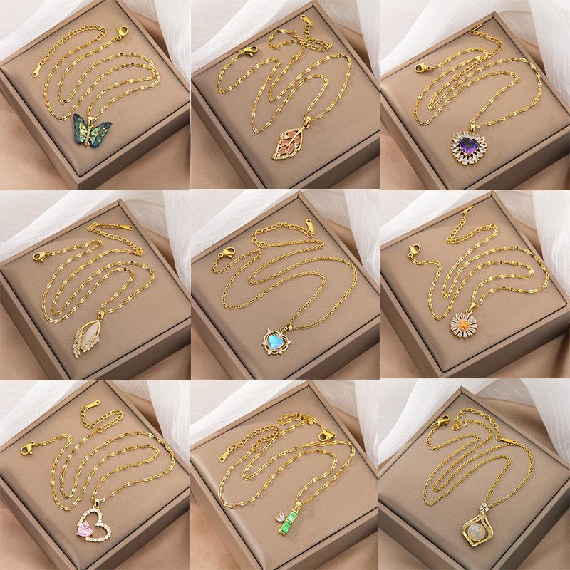 Luxury Shiny Stainless Steel 18k Gold Zircon Heart Butterfly Pendant Necklace Women Boutique Pearl Flower Leaf Necklace for Gift