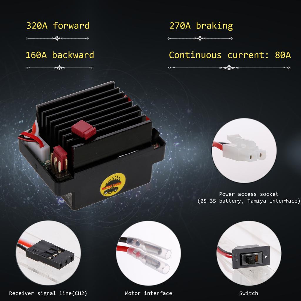320A ESC Brushed Forward Reverse Electric Speed Controller with Brake Waterproof Support 2 3S Battery Replacement for