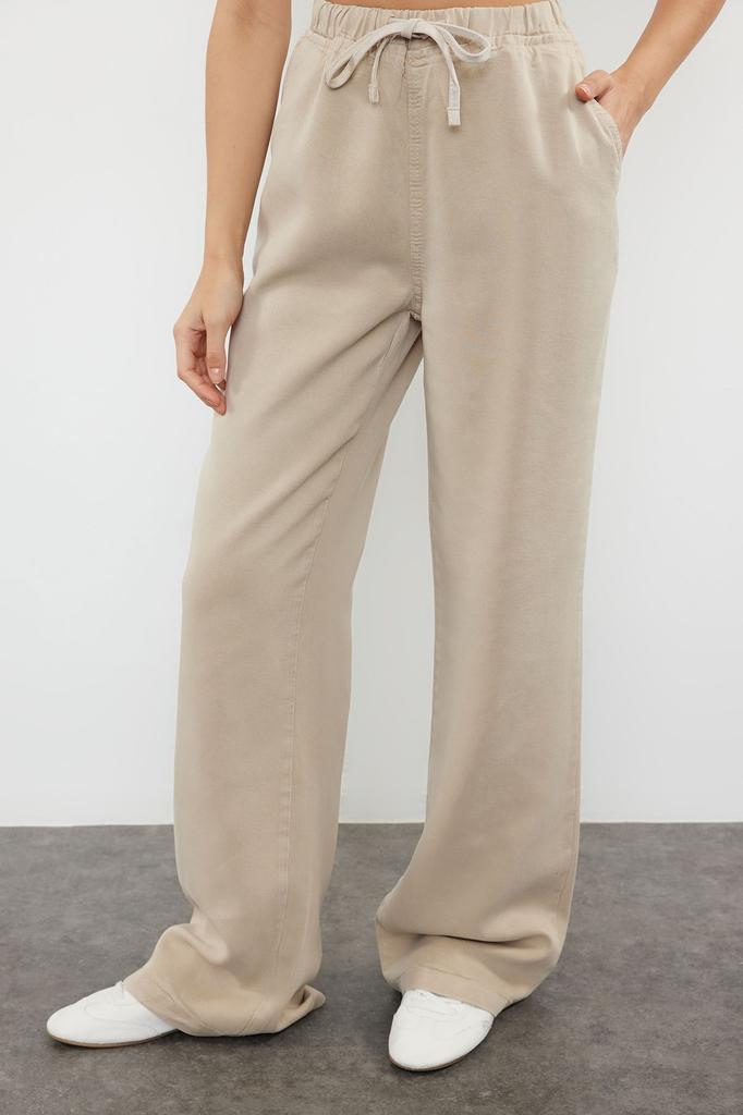 Women's Style Trousers Beige 100% Tencel Elastic Waist High Waist Jeans