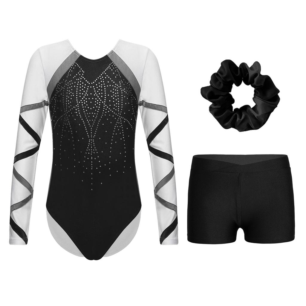 Костюм для танцев для девочек из 3 предметов, блестящий купальник с длинными рукавами, V-образный вырез спереди, шорты, повязка для волос для соревнований по гимнастике