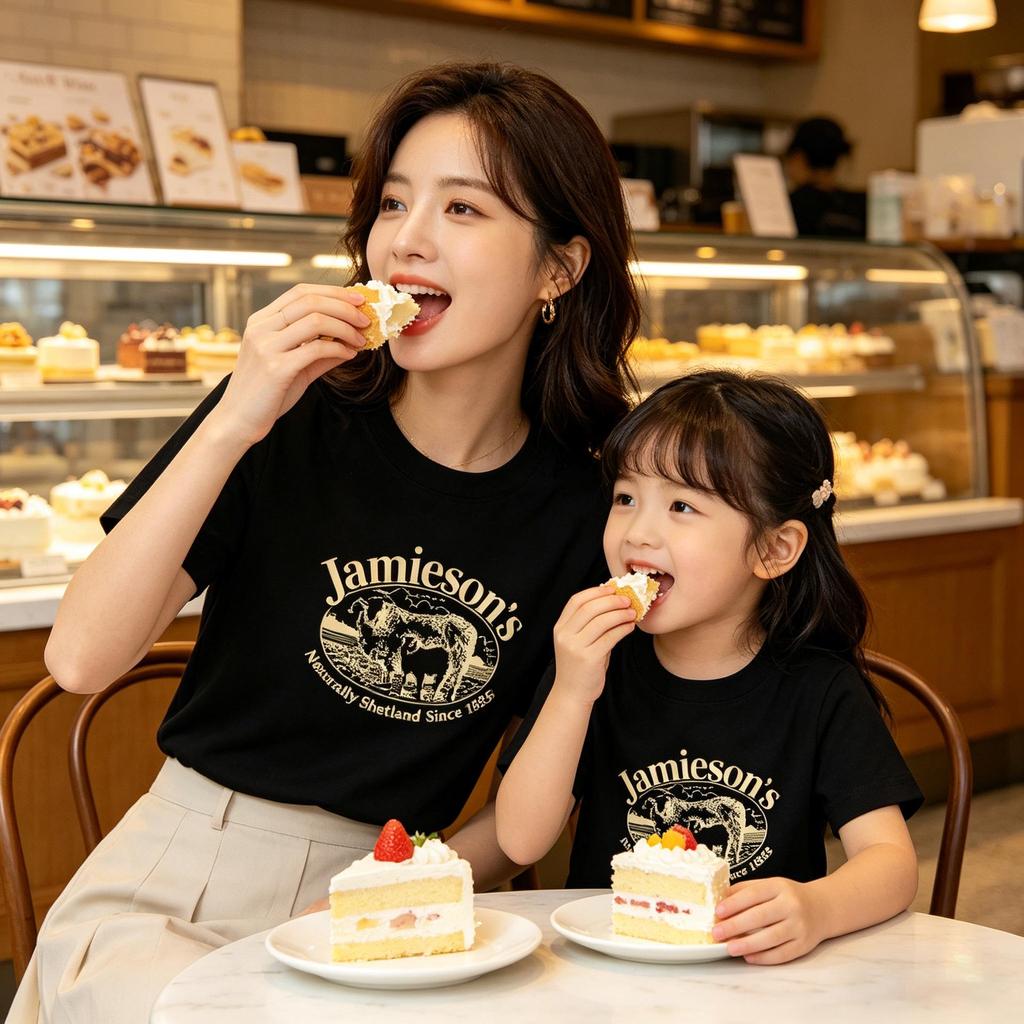 100% Cotton Lamb Print Mother-Daughter Matching Short Sleeve T-Shirt - Round Neck, Casual Top