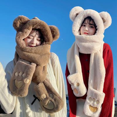 Милая шапка-комбинезон с маленьким медведем, теплая манишка-шарф, капюшон для женщин, зимняя осенняя модная плюшевая